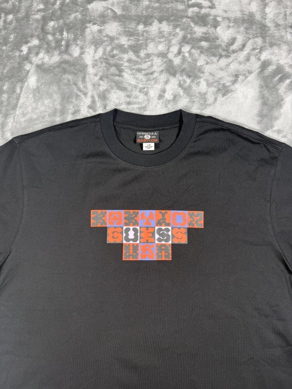 New Guess X Babylon Shirt Men's Large Black Checker Logo Graphic Tee Streetwear - Picture 2 of 14